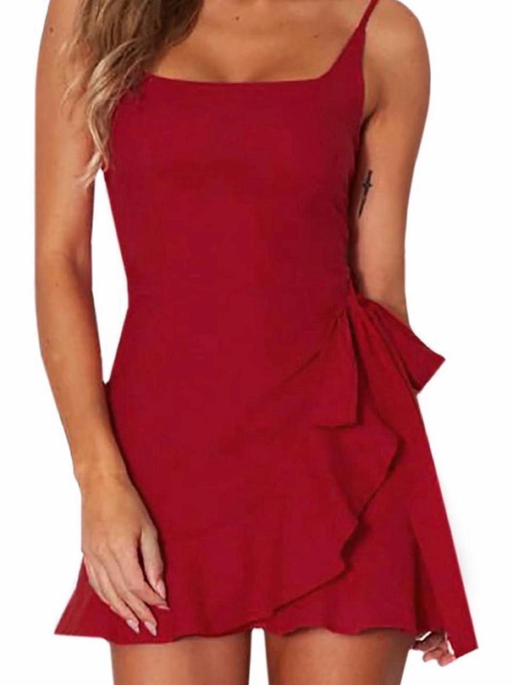Red Ruffle Wrap Mini Dress | Size M | Spaghetti Strap Women's Dress